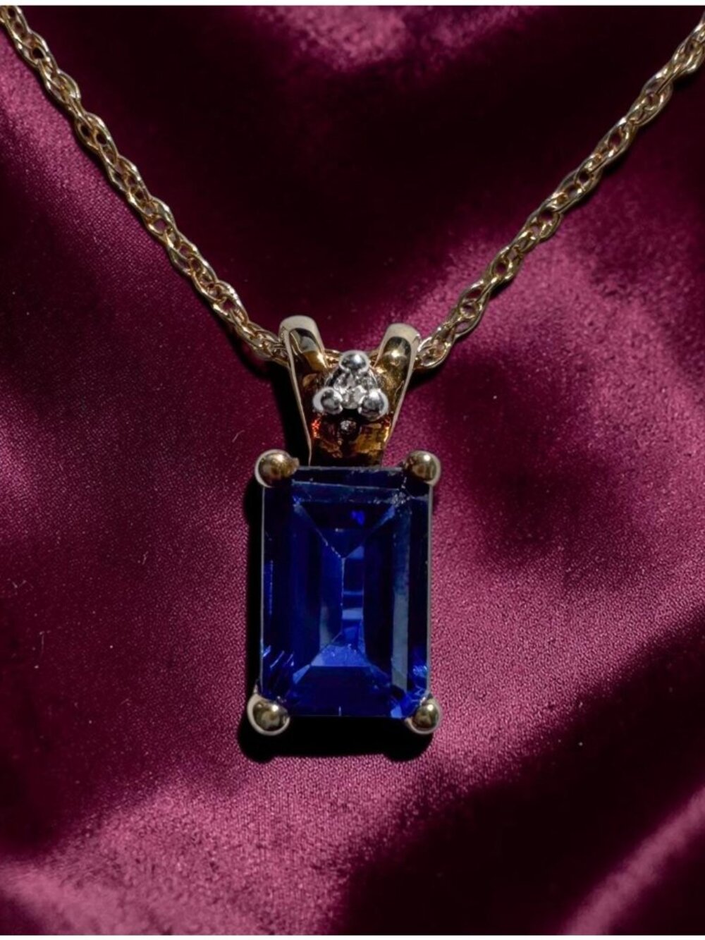 VINTAGE 10K Gold Blue Sapphire & Diamond Necklace 1ct Emerald Cut Solitaire 18"